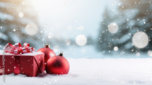 Christmas holiday background with gifts and decorations on snow with fir branches on bokeh winter background, Merry Xmas concept, generative ai