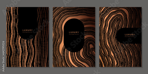 Set of templates. Luxury golden background with wood annual rings texture. Banner with tree ring pattern. Stamp of tree trunk in section. Wooden concentric circles. Black and bronze marble background