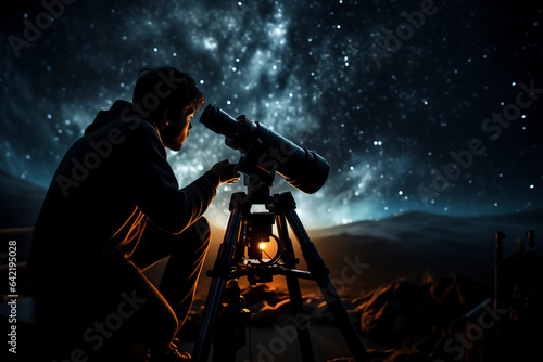 Silhouette of photographer with telescope at night sky background