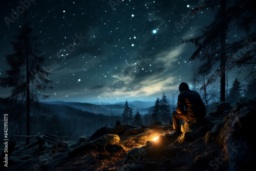 Silhouette of a man sitting on the edge of a forest and looking at the starry sky