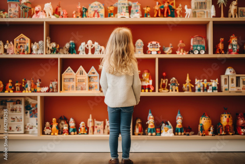 Little girl stands in the toyshop photo
