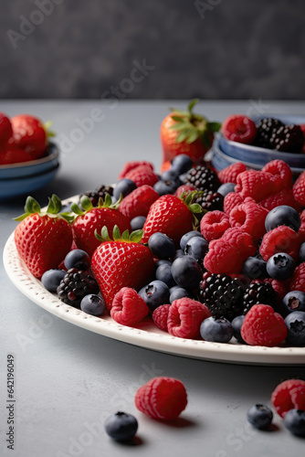 Plate Full of Delicious Strawberries  Blueberries  Raspberries  Blackberries  Generative AI