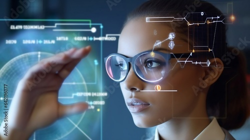 Woman in glasses in front of virtual screen. Hi-tech smart glasses. Business investment graph futuristic virtual hologram, financial report data management augmented reality technology.