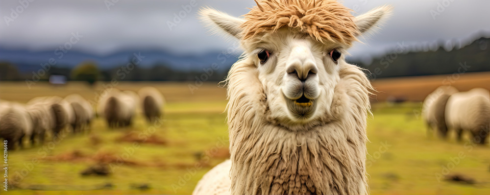 Obraz premium Alpaca portrait with brown hairs.