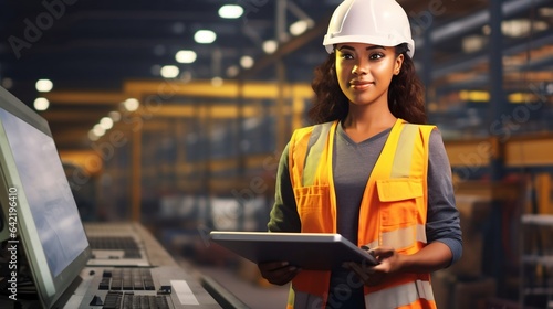 African American female worker in safety uniform and helmet is checking system machines with laptop in the factory. woman in the big manufacturing industry. photo