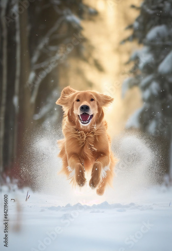 Golden Retriever running through the winter forest. . AI Generated