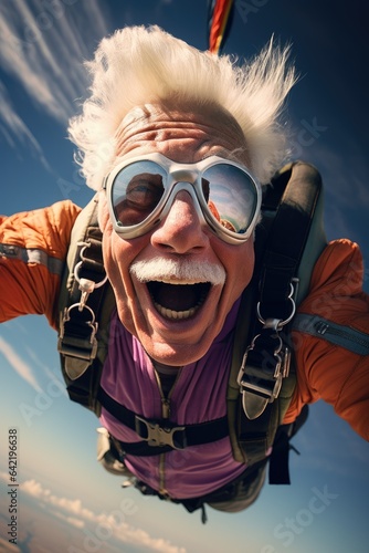 Funny and smiling elderly man has fun skydiving. Generative AI