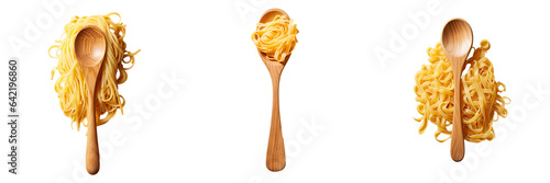 Raw pasta noodles on a transparent background held by wooden spoon photo