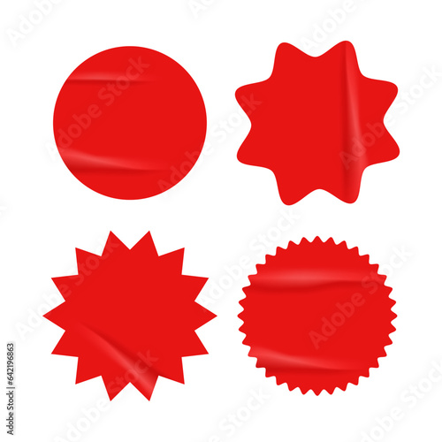 Set of red starburst with grunge retro texture. Simple stickers for price, sale, discount. Modern star burst for promotional, ad. Vector illustration isolated on transparent background