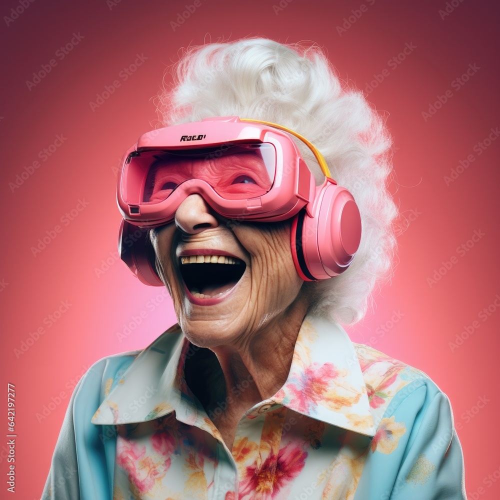 Funny smiling elderly woman has fun wearing VR glasses. Generative AI Funny smiling elderly woman has fun wearing VR glasses. Generative AI