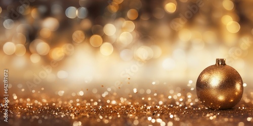 Golden sparkling blurred background with a Christmas ball on the side