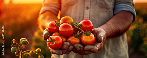 Farmer holding fresh tomato in his hands. wide banner