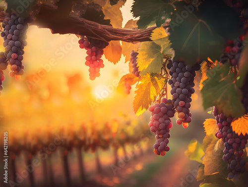 Grape plantations. Grapes hang down on an orange background of the sun. AI generated.  photo