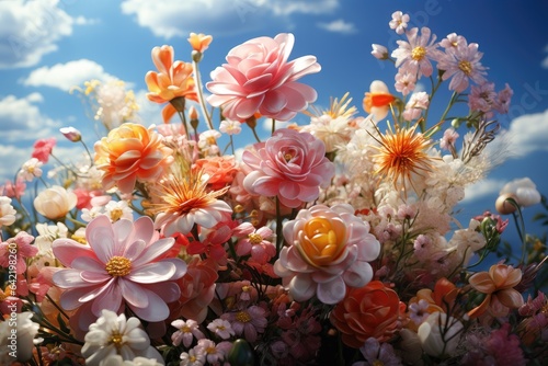 Nature s Palette  Enchanting Scenes of Colorful Flowers Beneath the Canopy of a Blue Sky and White Clouds