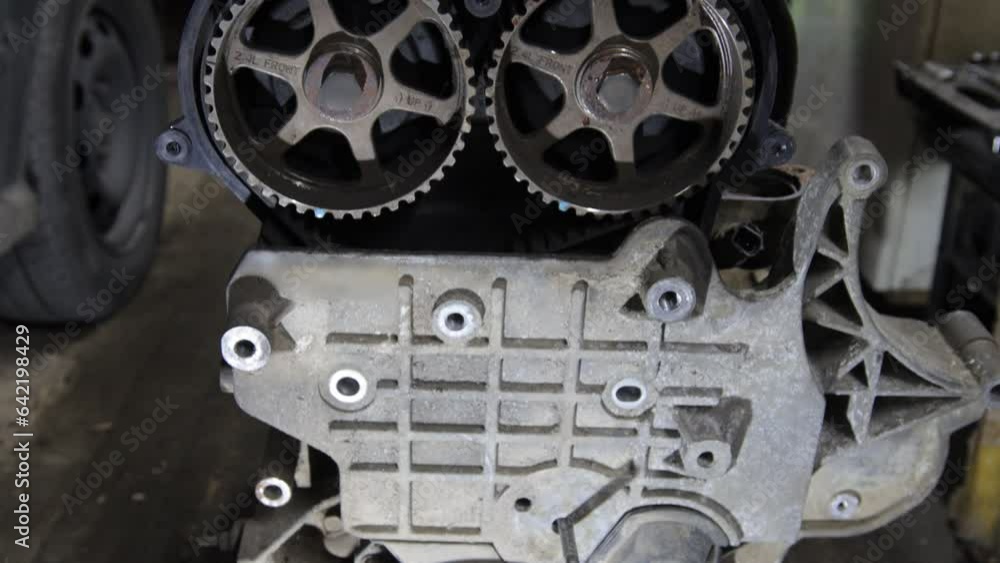engine gas distribution system, camshafts for a timing belt in a car. engine gas distribution system, camshafts for a timing belt in a car.