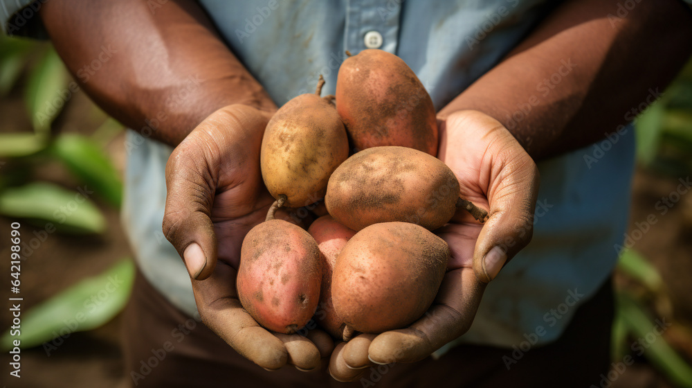 Close-up partial view of a farmer holding organic sapodilla. Generative AI. Close-up partial view of a farmer holding organic sapodilla. Generative AI.