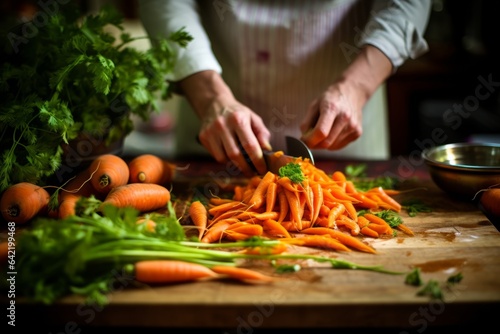 a pair of hands cutting fresh carrots in the kitchen table 