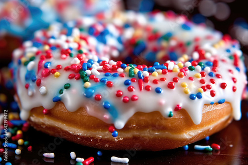 Close up of a doughnut sprinkled with frosting and red blue candy bits. Generative AI