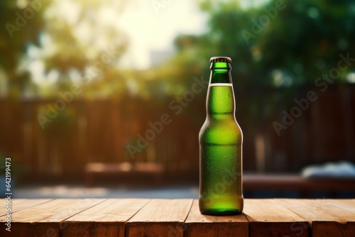a green bottle of beer on a table with blurred background