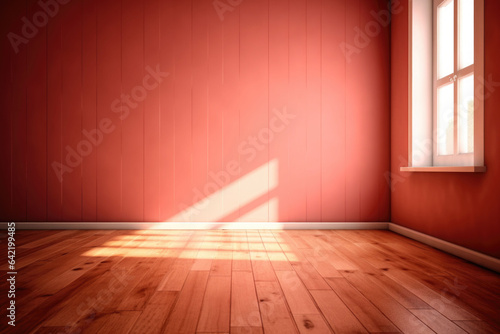 Living room with sunlight shine through a sliding door, wooden floor, red wall. Generative AI