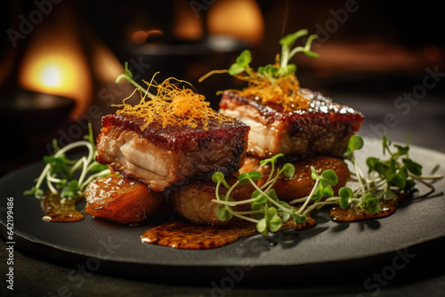 Pork belly with crispy crackling, sauce and deep fried sage leaves. Generative AI