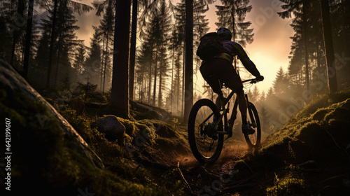 Mountain biker on forest trail in the sunset. Generative AI © barmaleeva