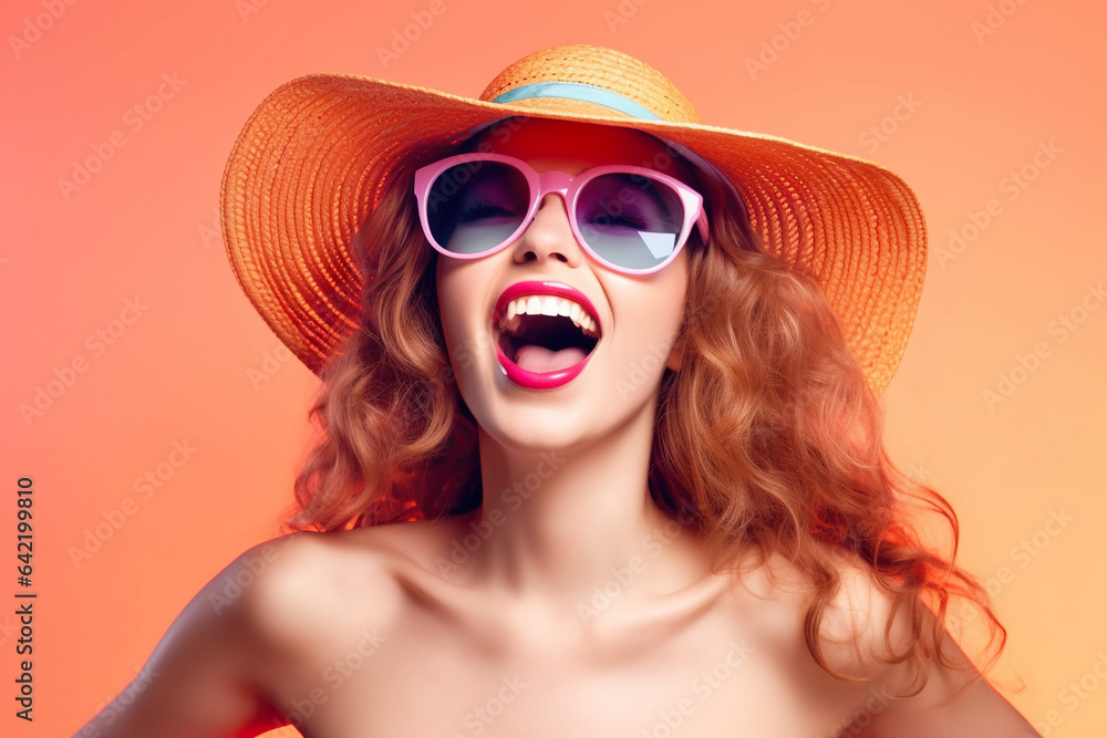 Happy young woman in hat having fun, laughing female person in summer