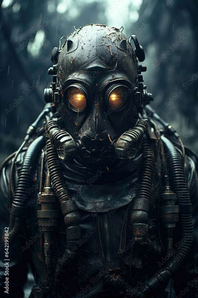 Man in futuristic gas mask, concept of post apocalypse and apocalyptic Man in futuristic gas mask, concept of post apocalypse and apocalyptic