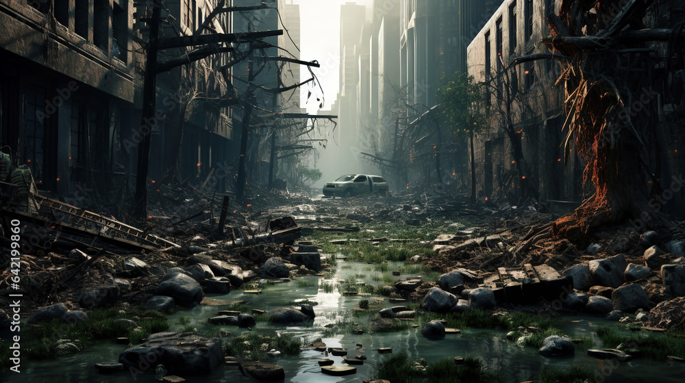 Post apocalypse, scary apocalyptic scene of destroyed city after war