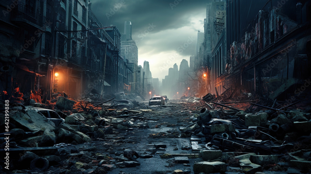 Post apocalypse after war or earthquake, apocalyptic destroyed city - obrazy, fototapety, plakaty 