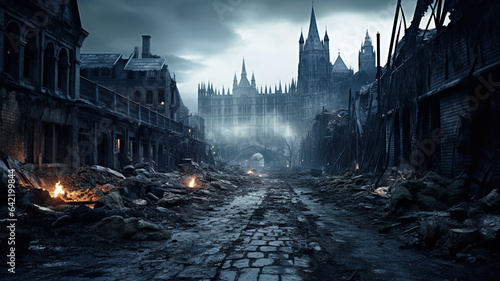 Post apocalypse in destroyed city, apocalyptic scene after world war