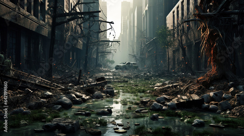 Post apocalypse, scary apocalyptic scene of destroyed city after war
