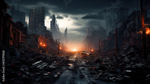 Post apocalypse, apocalyptic view of dark destroyed city after war