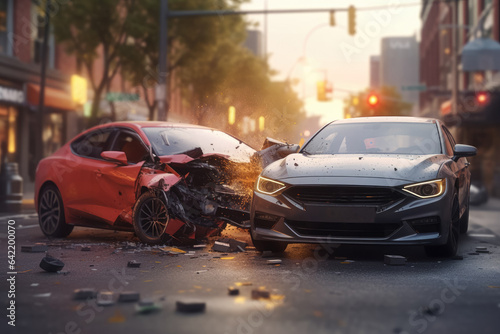 Traffic collision of cars on the street. Destroyed and broken cars after road collision  insurance concept. Generative AI.
