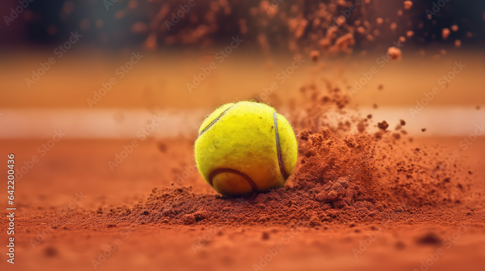 Shot in motion, tennis ball bouncing on a tennis dirt court, tennis court with dust splash.