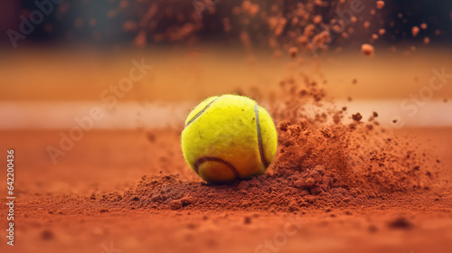 Shot in motion, tennis ball bouncing on a tennis dirt court, tennis court with dust splash. © dinastya