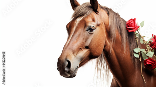 Horse with a flower isolated on white background