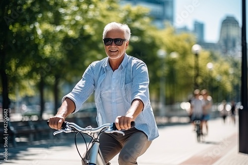 Senior man with bike in city
