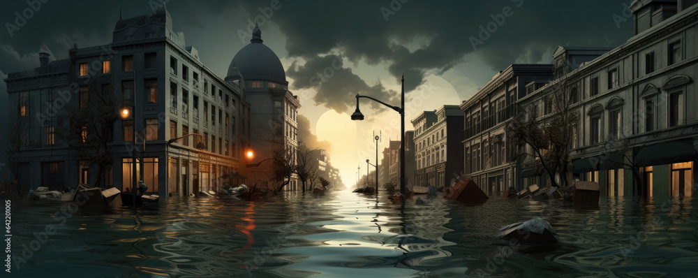 Extreme rainfall concept.  Flood with high water disaster in city, flooding houses and rising water.