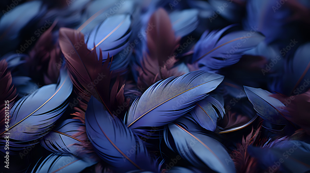 abstract background blue feathers, feathers of a bluish tint close-up over the entire surface