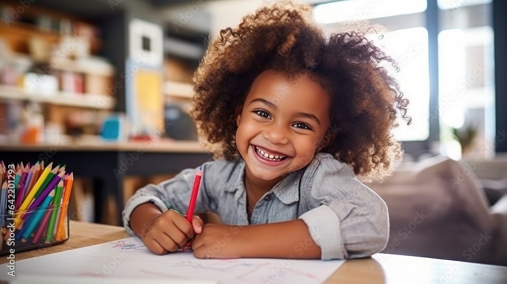 Colorful childhood, young African-American girl draws passionately at home with colored pencils. Colorful childhood, young African-American girl draws passionately at home with colored pencils.