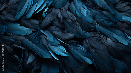 solid background of black and blue raven feathers macro details photo