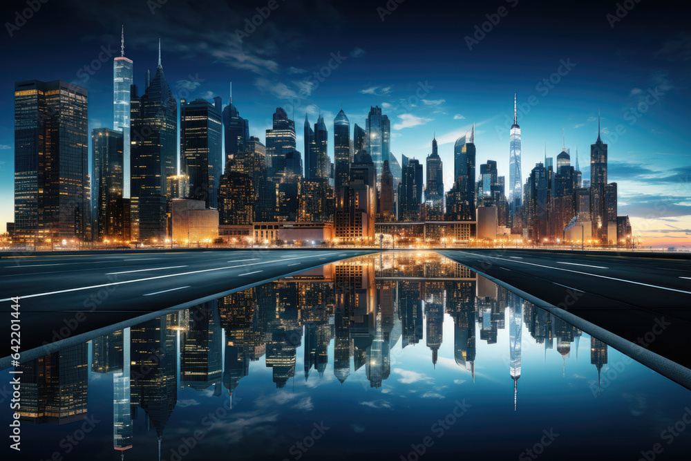 Obraz premium Modern skyscraper towering above the cityscape, with its sleek glass facade reflecting in a tranquil water mirror below. Generative AI.