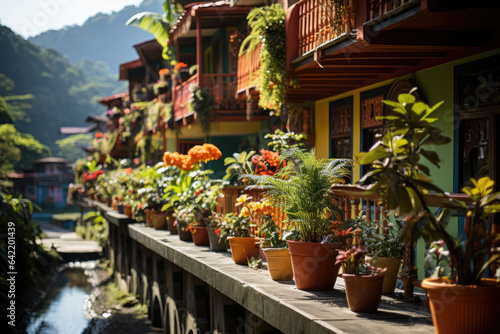 Colorful buildings nestled amidst a lush tropical jungle backdrop. Generative AI.