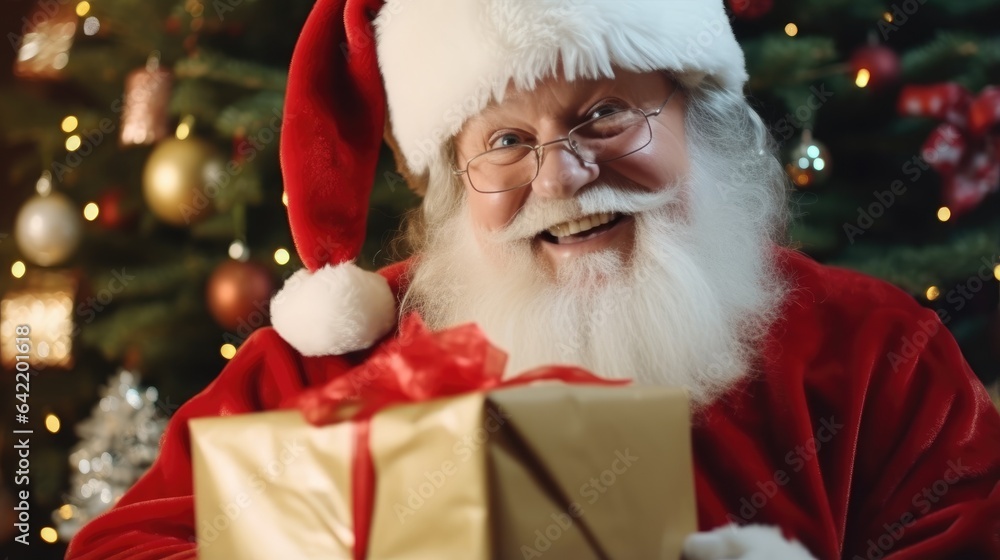 Smiling Santa Claus is putting gifts under the Christmas tree. Generative AI Smiling Santa Claus is putting gifts under the Christmas tree. Generative AI