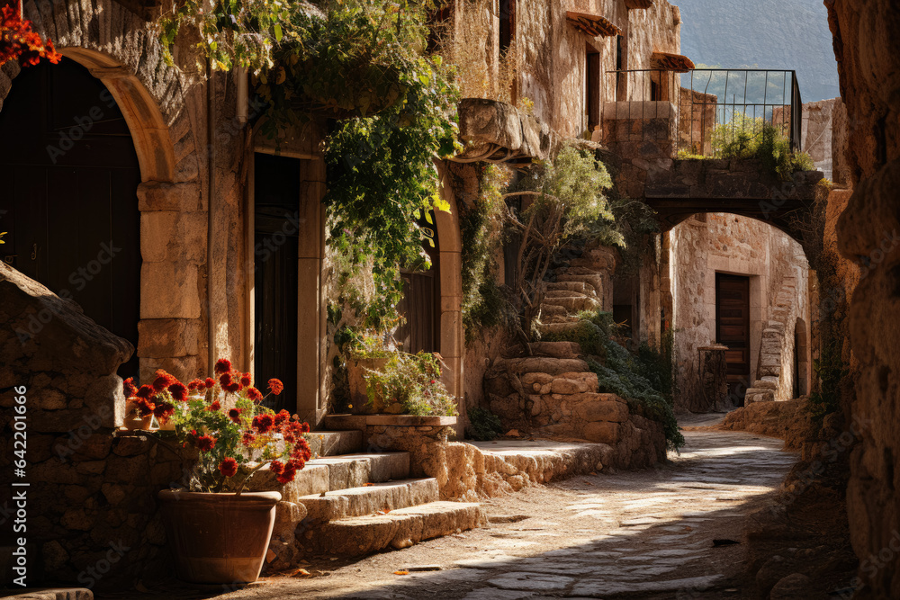 Fototapeta premium Historic stone buildings lining narrow streets, evoking a sense of old-world charm and cultural heritage. Generative AI.