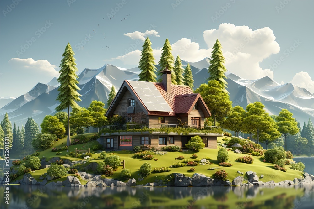 Obraz premium LAndscape: Serene Lakeside Mansion on the small island