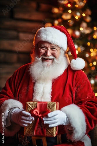 Smiling Santa Claus is putting gifts under the Christmas tree. Generative AI © piai