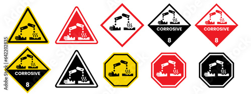 Corrosive Icon. Industry chemical acid corrosion safety instruction symbol. Vector set of danger sign for caution warning. Flat outline of industrial hazardous toxic liquid substance. skin Risk Logo 
