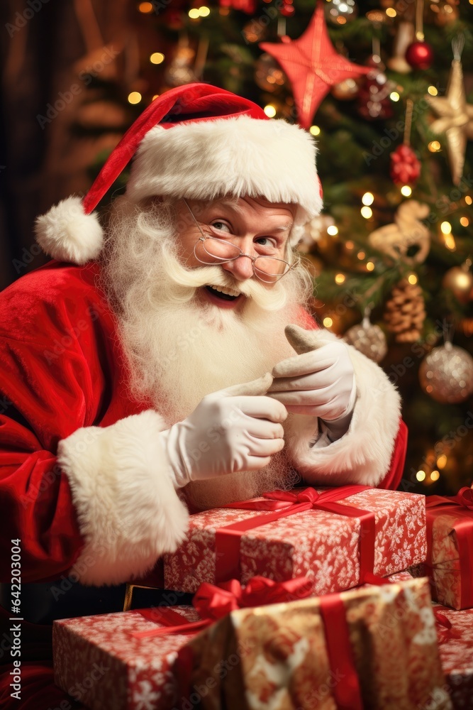 Smiling Santa Claus is putting gifts under the Christmas tree. Generative AI